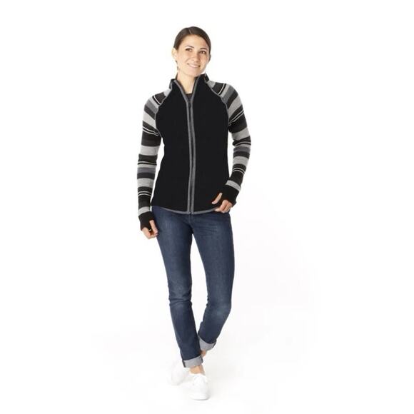 SMARTWOOL Dacono Ski Full Zip Sweater XS Black Grey Stripe Merino Wool Blend EUC - Picture 2 of 9